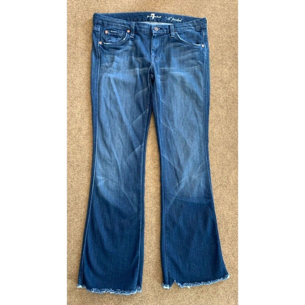 7 For All Mankind Bootcut Jeans Womens 29 A Pocket Raw Hem Distressed Blue Denim